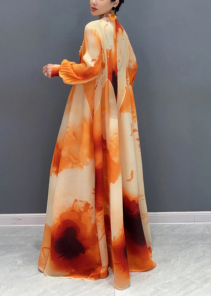 Women's Orange Print Patchwork Bubble Sleeve Dress Spring