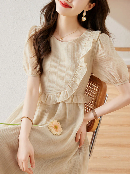 French Round Neck Ruffle Short Sleeve Dress