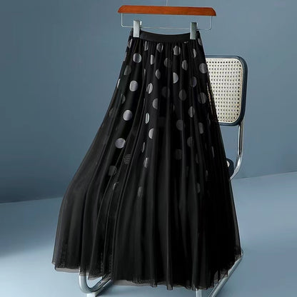 Elegant Polka Dot Net Yarn Pleated Skirt