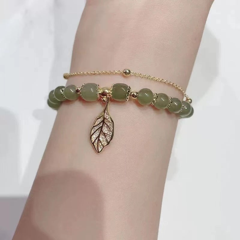 Jadeite Leaf Charm Bracelet in 18K Gold