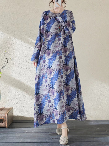 Round Neck Printed Long Sleeve Long Dresses