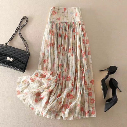 High Waist Zipper Printed Tulle Long Halter Skirt