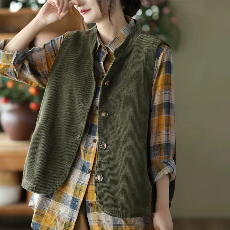 Collar Button Pocket Corduroy Vest Top