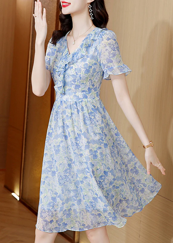 Elegant V-Neck Ruffle Print Short Sleeve Dress