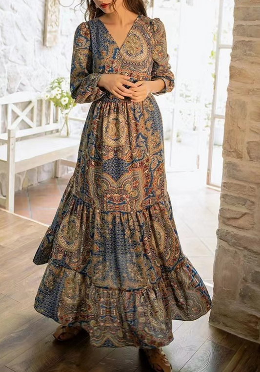 Loose V-Neck Printed Beach Long Sleeve Long Dresses