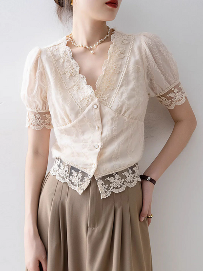 French Neck Flared Sleeve Hollow Out Lace Short Sleeve Blouse Top