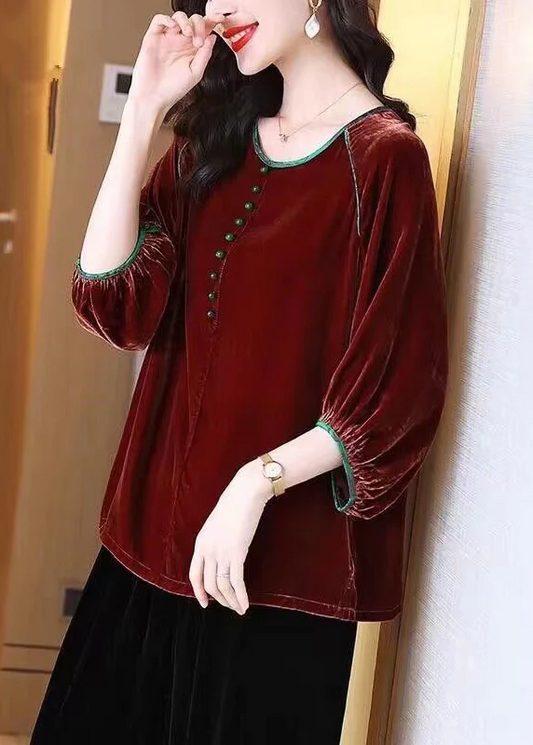 Elegant round neck velvet lantern sleeve blouse