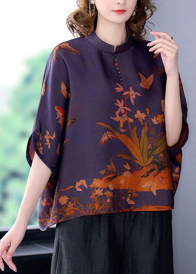 Elegant Standing Collar Printed Silk Blouse Top