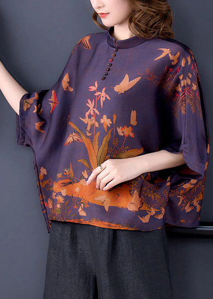 Elegant Standing Collar Printed Silk Blouse Top