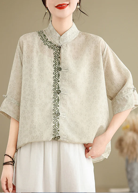 Women's Green Embroidery Printed Linen Top Summer