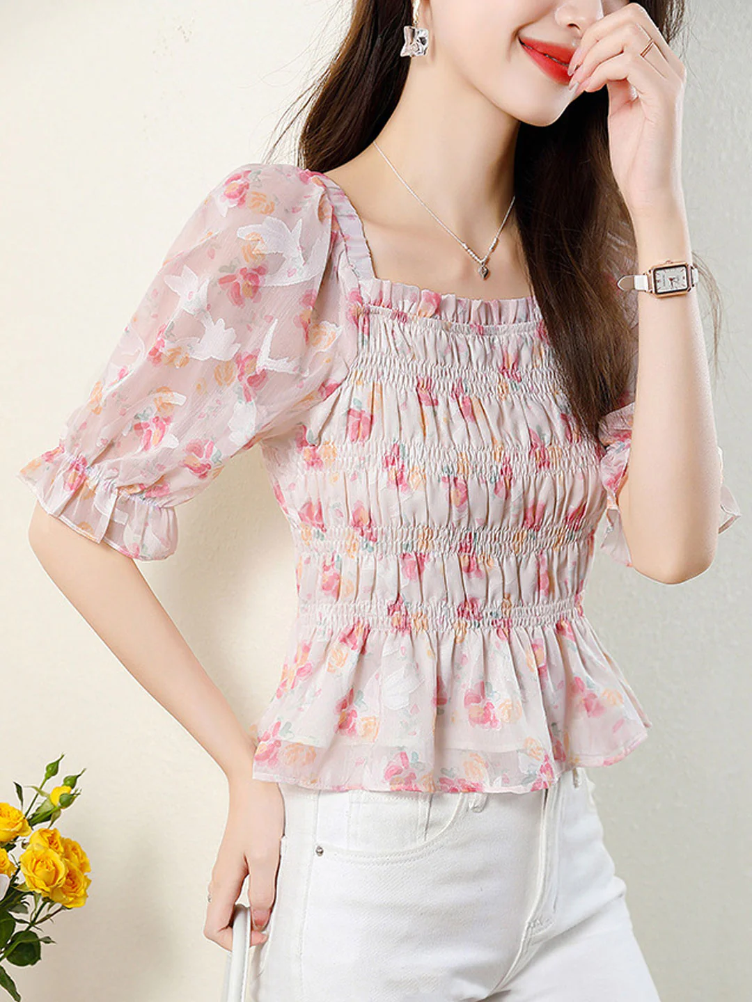 Elegant Square Neck Floral Print Short Sleeve Blouse Top