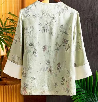 Chinese Bamboo Leaf Jacquard Asymmetric Fringe Long Sleeve Silk Top