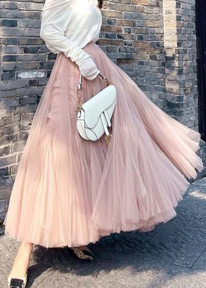 French pleated high-waisted tulle maxi skirt