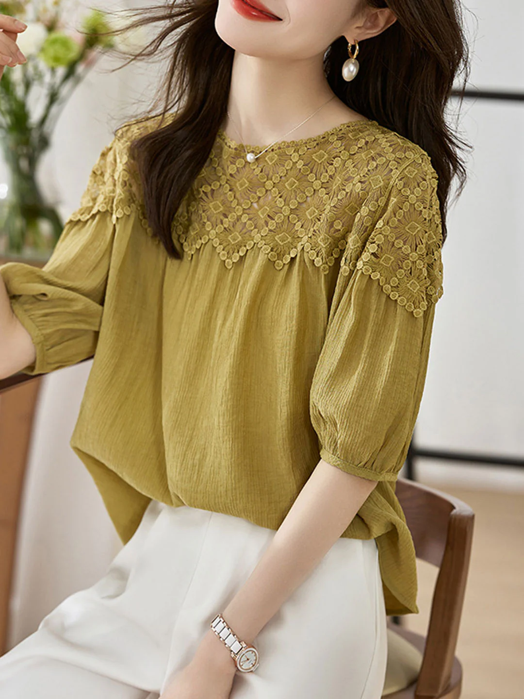 Elegant Lace Patchwork Cotton Interrupted Blouse Top