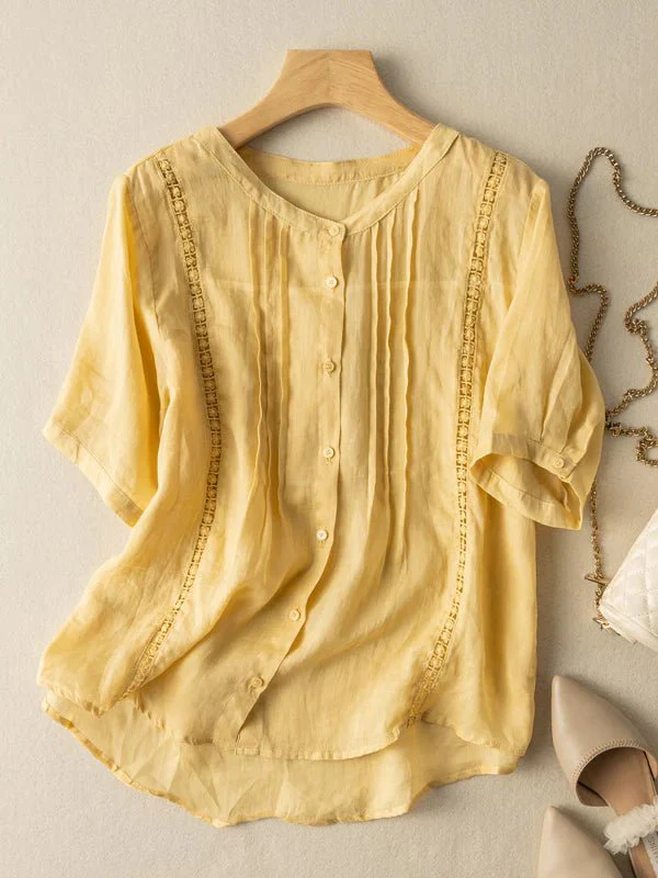 Women's Plus Size Yellow Round Neck Casual Linen Top