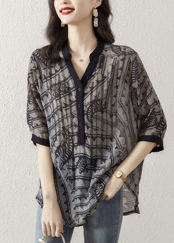 Loose V-Neck Printed Buttoned Real Top Half Sleeve