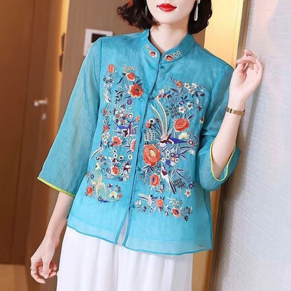 Fashion Floral Standing Collar Color Clash Cardigan Shirt Top