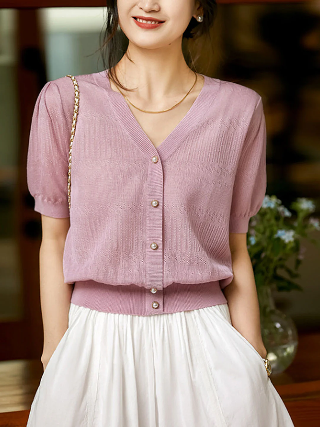 Elegant V-neck Cutout Knit Short Sleeve Top