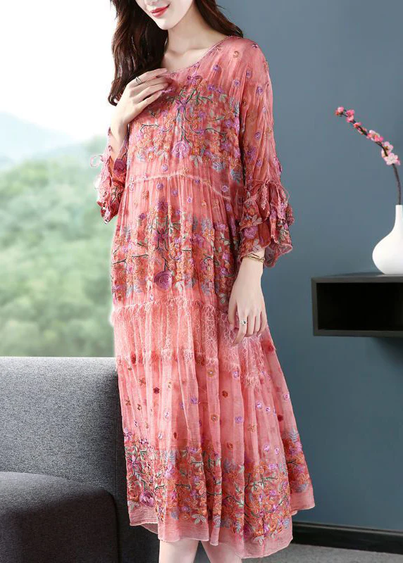 Elegant Embroidered Oversized Silk Vacation Dress Flared Sleeve