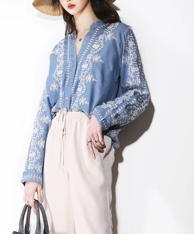 Fashion V-Neck Embroidered Floral Cardigan Long Sleeve Shirt Denim