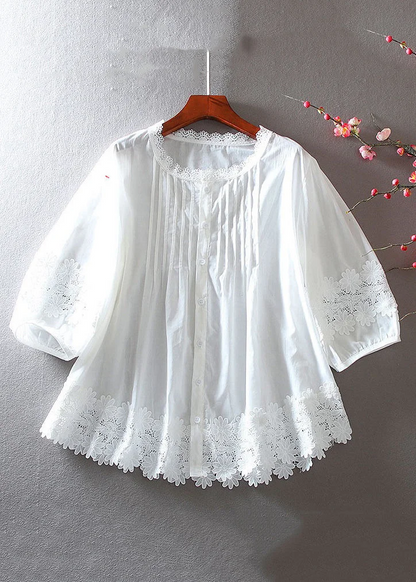 Women's Large Size White Button Hollow Lace Patchwork Shirt Spring