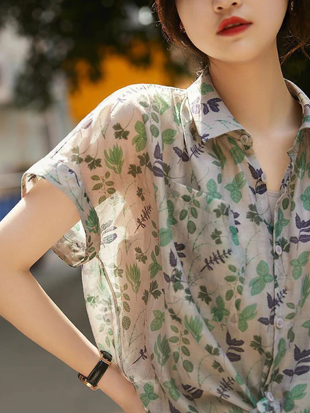 Elegant Lapel Floral Chiffon Short Sleeve Blouse Top