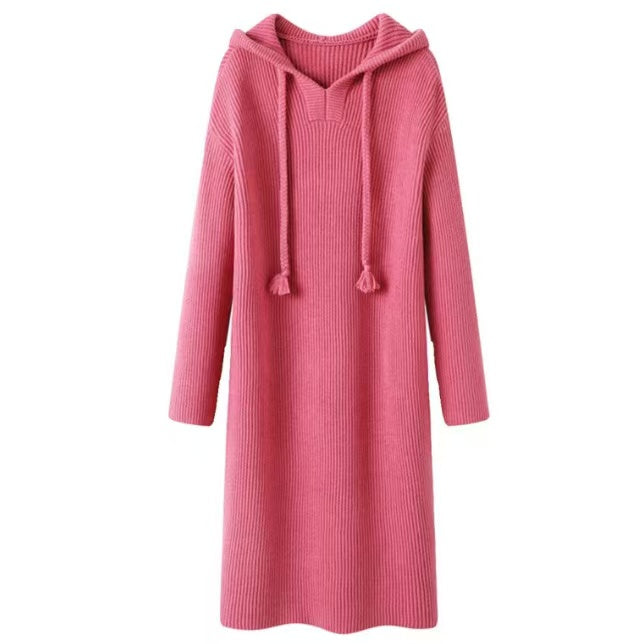 Elegant Loose Hooded Pink Long Sleeve Knitted Sweater Dress