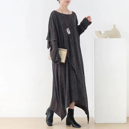 Loose Thin Gray Linen Dress Long Sleeve