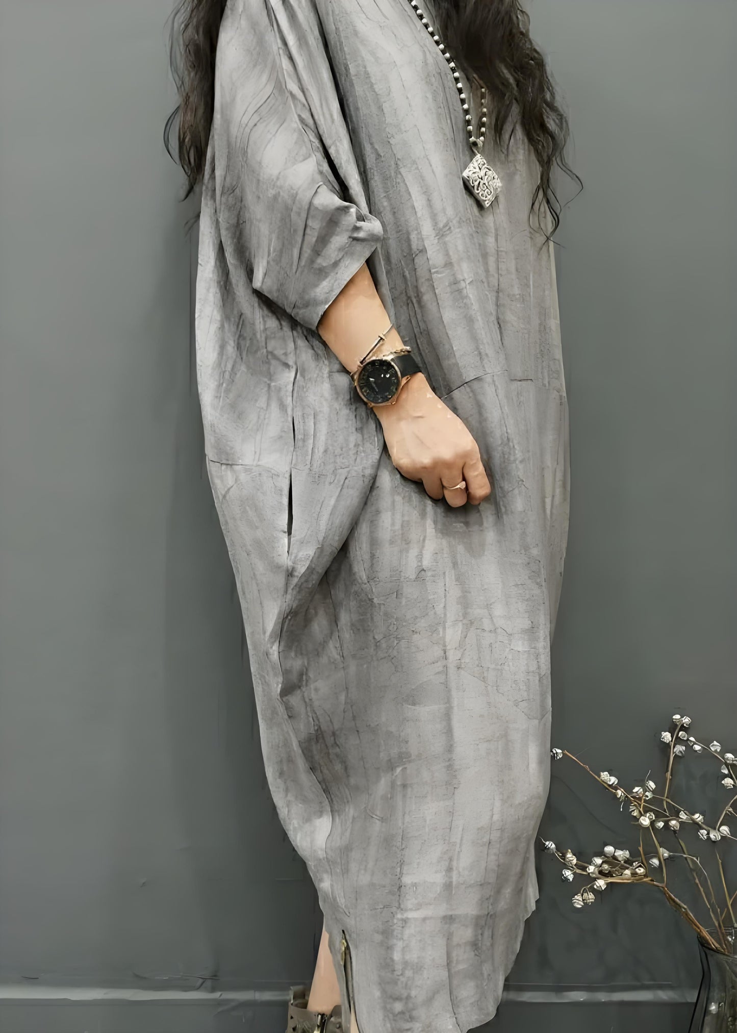 Women's Plus Size Round Neck Ruffled Side Opening Linen Long Dress Bat Sleeve