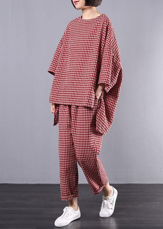 Plus Size Cotton and Linen Plaid Vintage Shirt and Pants Two Piece Set