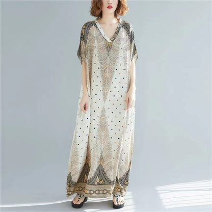 Bohemian V-Neck Printed Short Sleeve Long Dress