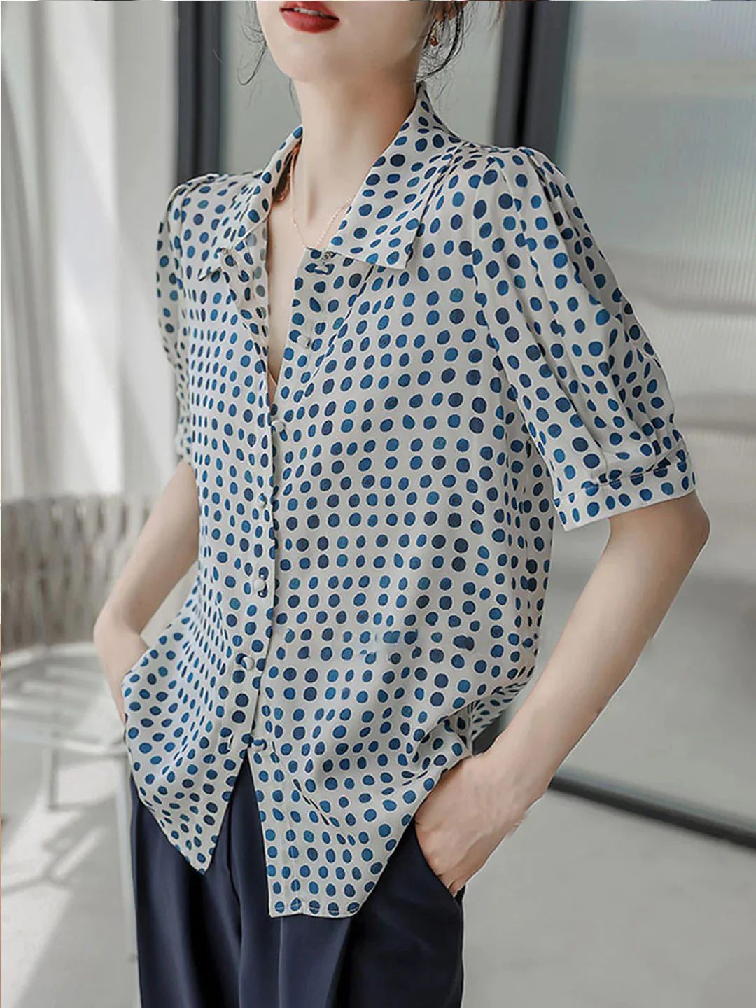 Elegant Printed Dot Bubble Sleeve Blouse Top