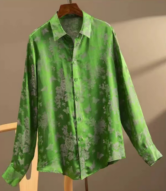 Chinese Style Green Printed Silk Jacquard Shirt Top