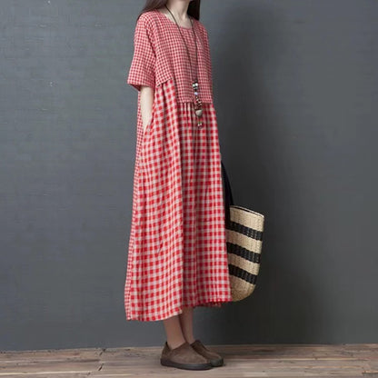 Vintage O Neck Patchwork Plaid Linen Loose Dress