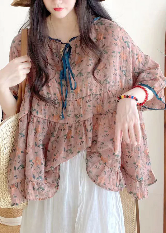 Loose Ruffle Print Tie Cotton Shirt Half Sleeve