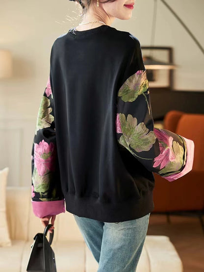 Loose Round Neck Patchwork Floral Sweatshirt