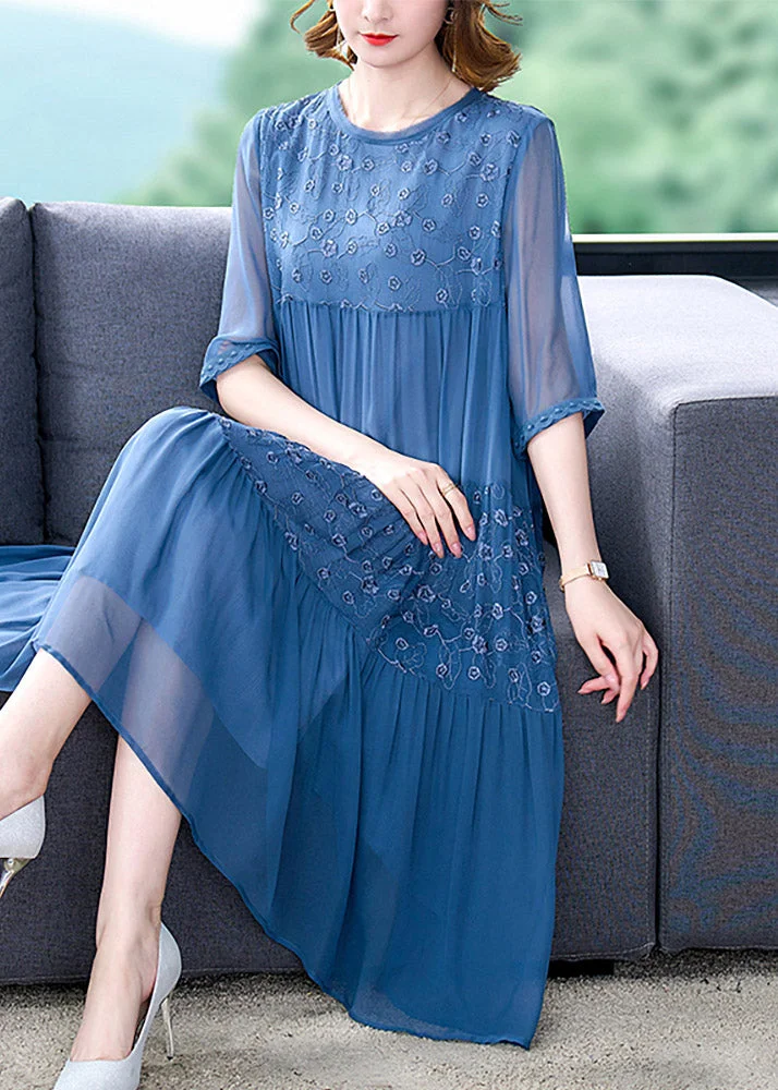 Italian Round Neck Embroidery Patchwork Silk Long Dress Spring Summer