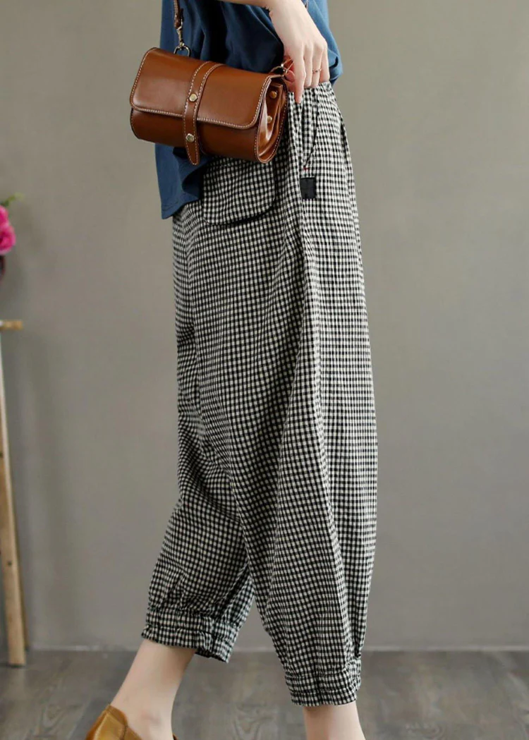 Casual plus size plaid pocket linen pants