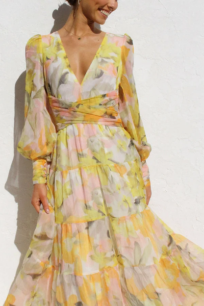 Elegant Abstract Floral Lantern Sleeve Extra Long Dress