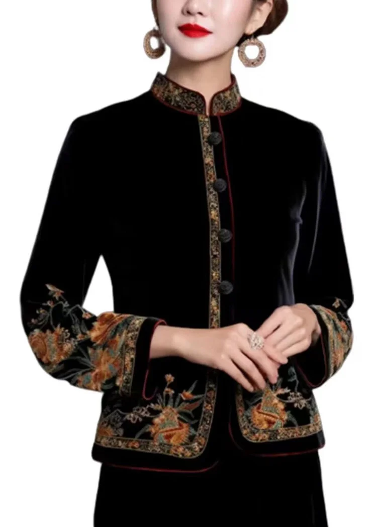 Women's Embroidered Button Long Sleeve Silk Jacket