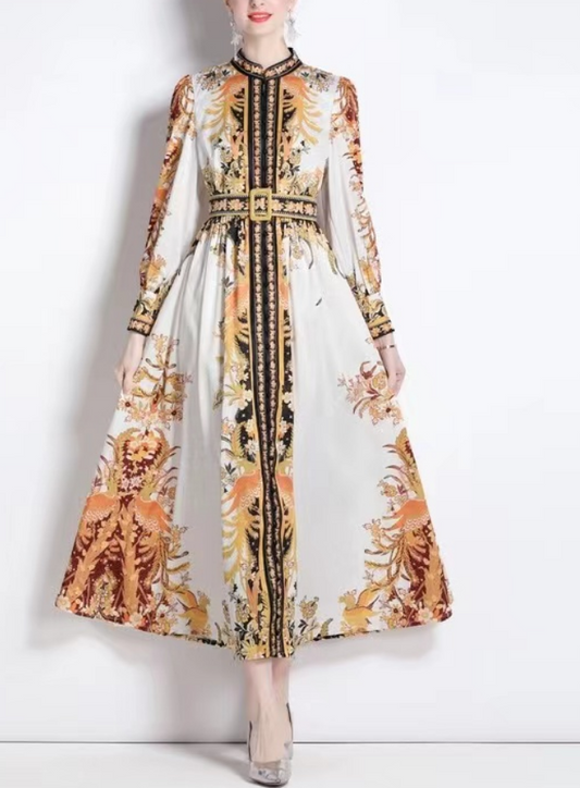 Elegant Standing Collar Printed Color Clash Long Sleeve Dress