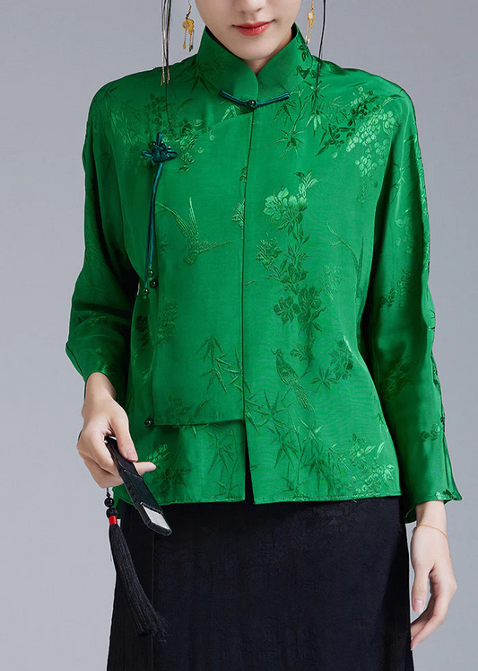 Elegant Standing Collar Jacquard Slant Button Silk Long Sleeve Top