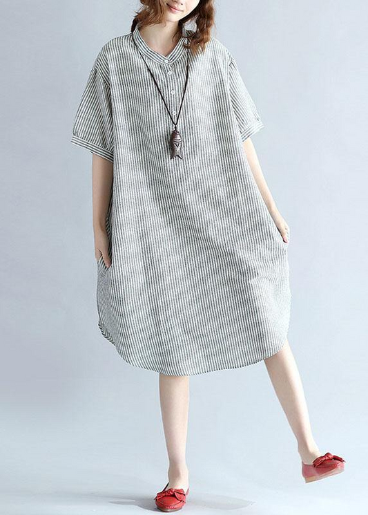 Chic Collar Button Down Short Sleeve Striped Dress