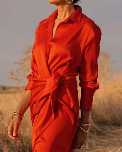 French Satin Wrap Shirt Style Long Sleeve Dress