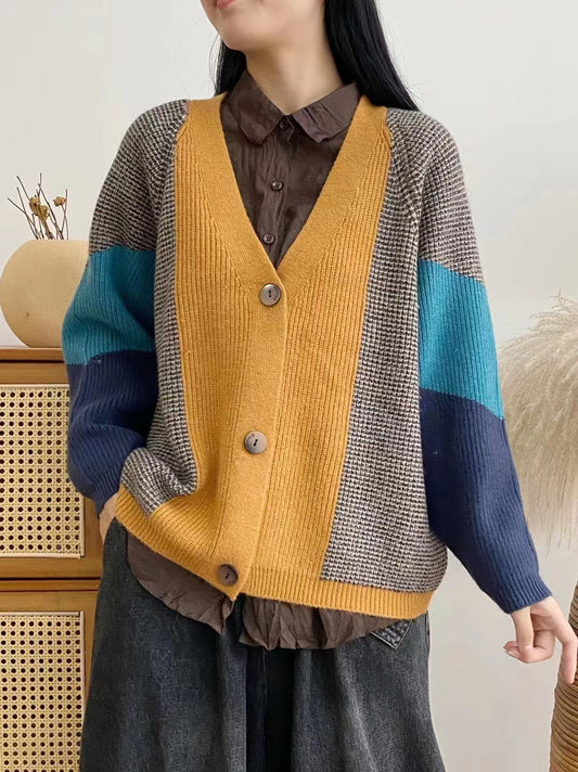 Colorblocked Knit V-Neck Button Cardigan