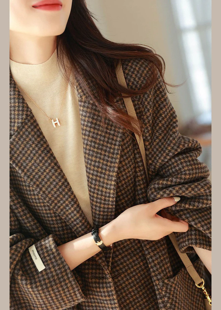 Suit Plaid Notched Pocket Wool Blend Jacket Long Sleeve