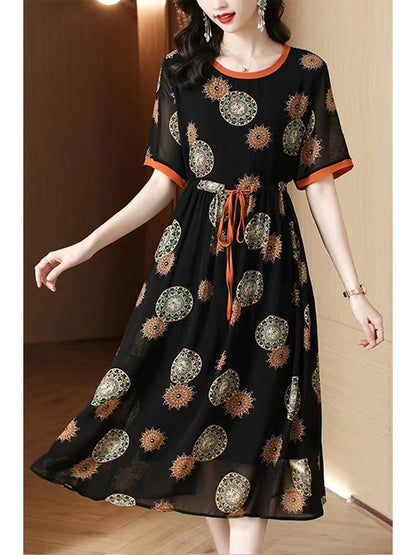 Women's Tightening Printed Chiffon Long Dresses