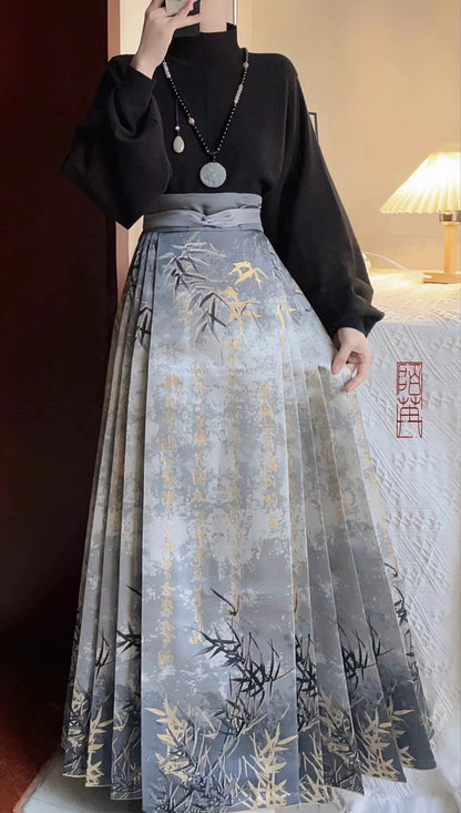 Women's Vintage High Waist Pleated Printed Bamboo Text Skirt