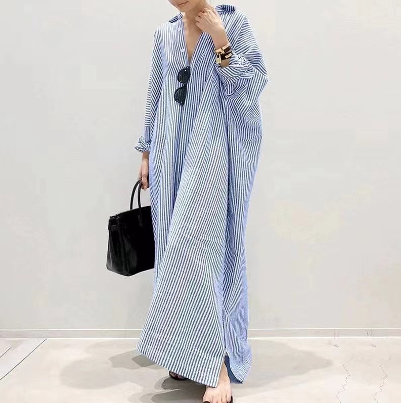 Loose Cotton Lapel Striped Long Sleeve Shirt Dress