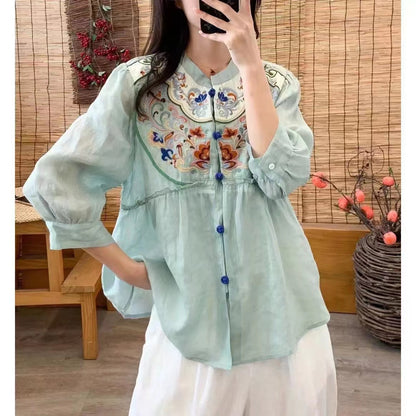 Elegant Delicate Embroidery Cardigan Short Sleeve Blouse Top